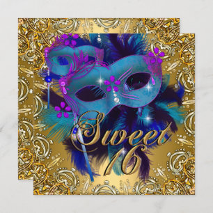 Invitación Dulce Dieciséis 16 Masquerade Azul Oro Púrpura