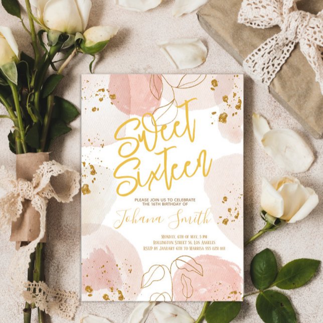 Invitación Dulce Dieciséis Acuarela Dorado Rosa (Subido por el creador)