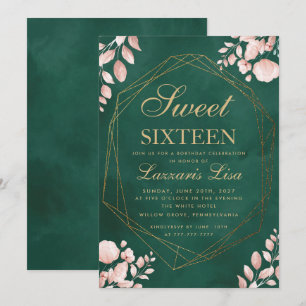 Invitación Dulce Dieciséis Acuarela Floral Aniversario Verde