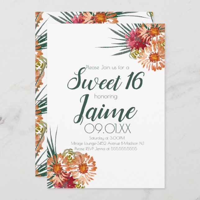 Invitación Dulce Dieciséis Acuarela Floral Peach Green (Anverso / Reverso)