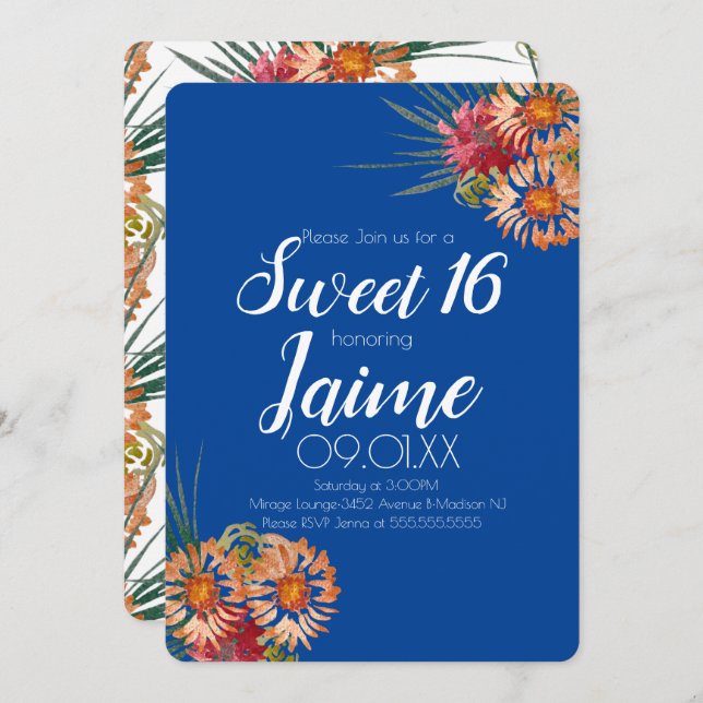Invitación Dulce Dieciséis Acuarela Tropical Floral (Anverso / Reverso)