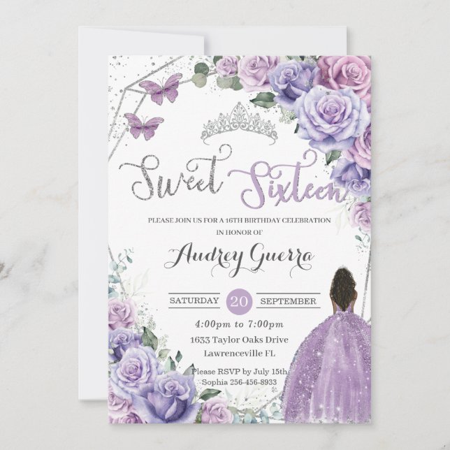 Invitación Dulce Dieciséis Aniversario de la Princesa Morada  (Anverso)