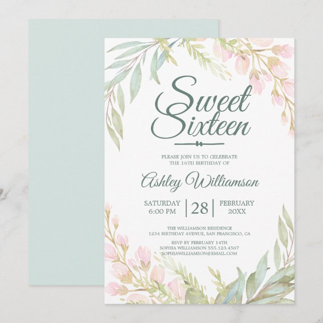 Invitación Dulce Dieciséis Aniversario Floral Azul Rosa (Anverso / Reverso)