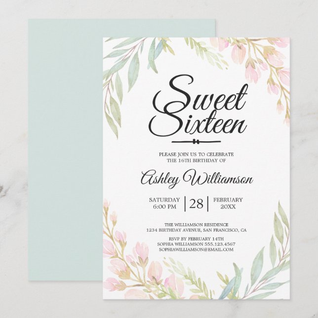 Invitación Dulce Dieciséis Aniversario Floral Azul Rosa (Anverso / Reverso)