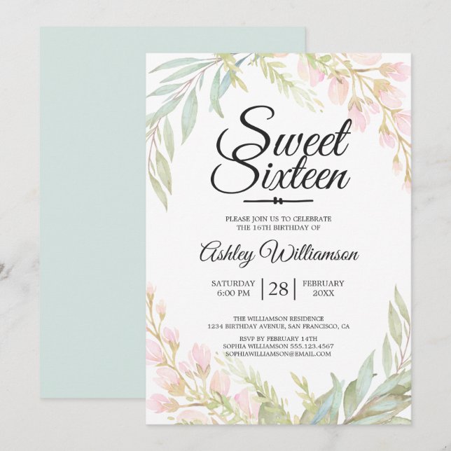 Invitación Dulce Dieciséis Aniversario Floral Azul Rosa (Anverso / Reverso)