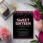 Invitación Dulce Dieciséis Años 16<br><div class="desc">Invitaciones modernas para fiestas de 16 años con un elegante fondo negro,  purpurina rosa y confeti,  dulces dieciséis globos de hellio rosados y una plantilla de celebración de 16 años que es fácil de personalizar.</div>