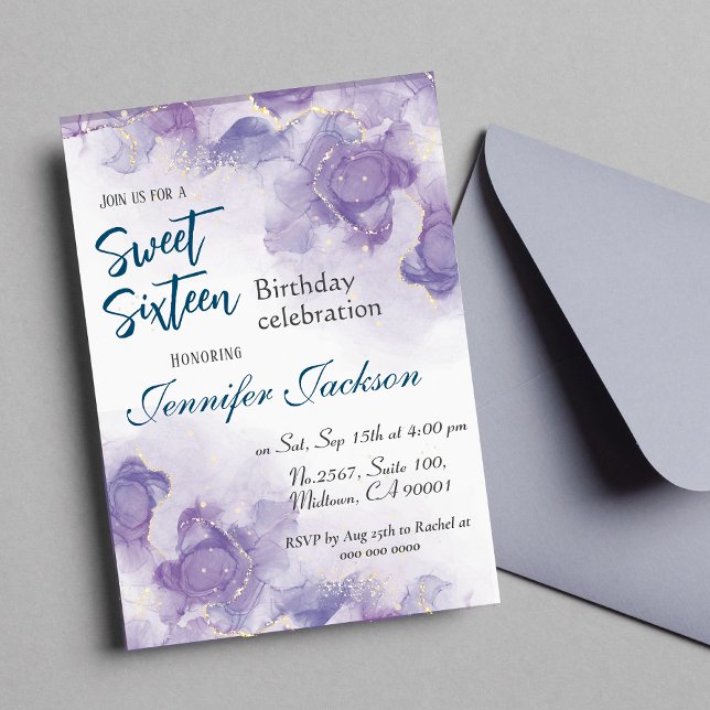 Invitación Dulce Dieciséis años de floral azul lavanda morado (Subido por el creador)