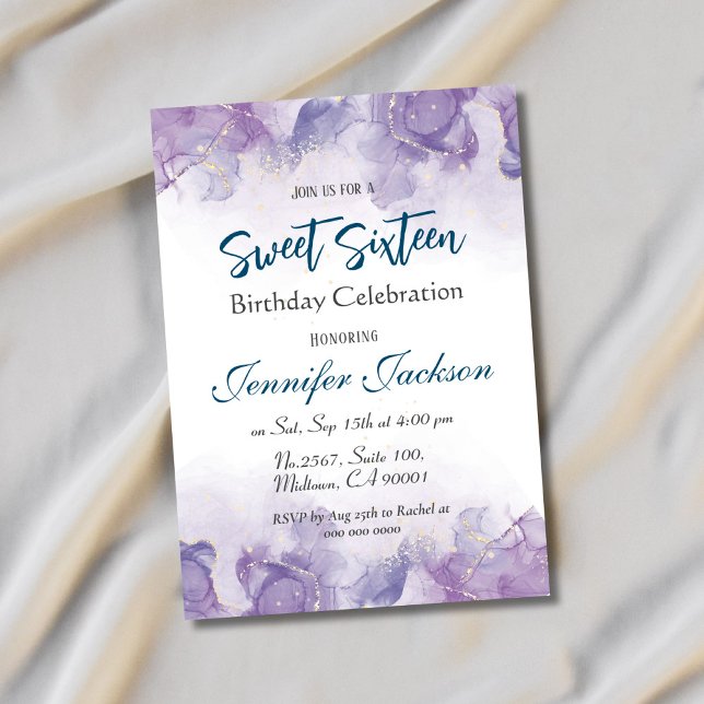 Invitación Dulce Dieciséis años de floral azul lavanda morado (Subido por el creador)