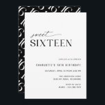 Invitación Dulce Dieciséis años modernos en blanco y negro<br><div class="desc">Invitaciones de 16 años de estilo moderno y minimalista con un diseño fuera del centro. Decoración en blanco y negro brillante con un patrón divertido en la parte posterior. (El patrón de lado inverso se puede eliminar,  si se desea,  utilizando la herramienta de diseño.)</div>