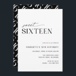 Invitación Dulce Dieciséis años modernos en blanco y negro<br><div class="desc">Invitaciones de 16 años de estilo moderno y minimalista con un diseño fuera del centro. Decoración en blanco y negro brillante con un patrón divertido en la parte posterior. (El patrón de lado inverso se puede eliminar,  si se desea,  utilizando la herramienta de diseño.)</div>