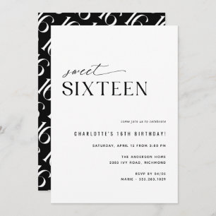 Invitación Dulce Dieciséis años modernos en blanco y negro