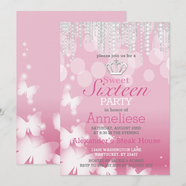 Invitación Dulce Dieciséis Años - Rosa y Diamantes (Anverso / Reverso)