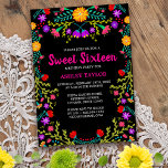 Invitación Dulce Dieciséis Black Mexican Fiesta Folk Art Flor<br><div class="desc">Bonitos Flores Dulces 16 Invitación para la celebración del 16º cumpleaños de su hija. Este tema floral presenta coloridas flores de arte folclórico en rojo, rosa, morado y amarillo sobre un fondo negro. La parte trasera de la tarjeta tiene un ramo de flores hecho de las mismas flores de fiesta...</div>