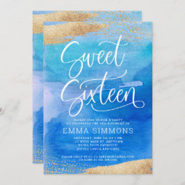 Invitación Dulce Dieciséis Blue Watercolor Gold Birday