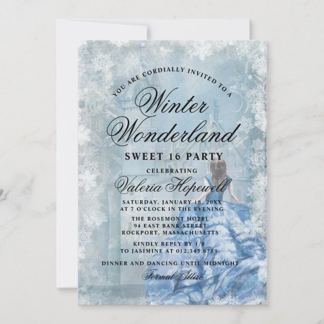 Invitación Dulce Dieciséis Blue Winter Wonderland Princess (Anverso)