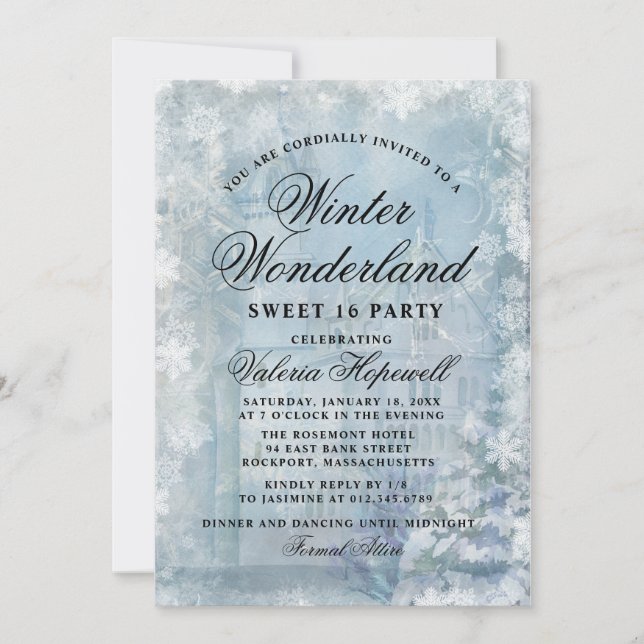 Invitación Dulce Dieciséis Blue Winter Wonderland Snowflake (Anverso)