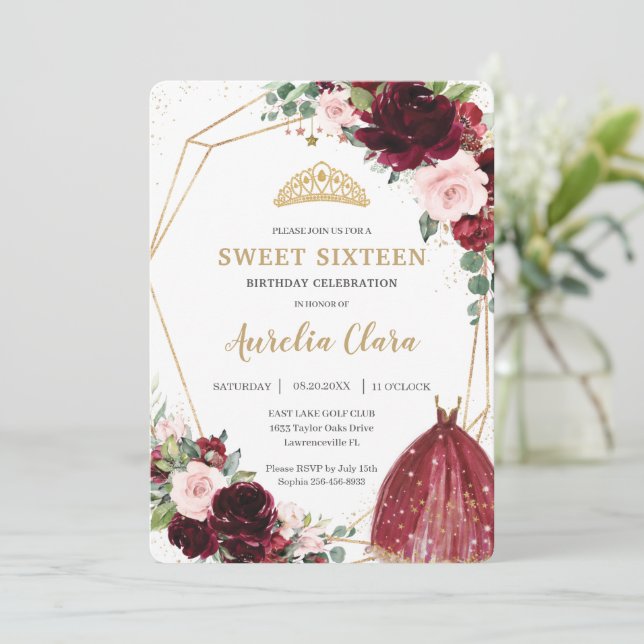 Invitación Dulce Dieciséis Borgoña Floral Rosa 16º cumpleaños (Anverso de pie)