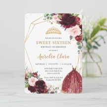 Dulce Dieciséis Borgoña Floral Rosa 16º cumpleaños