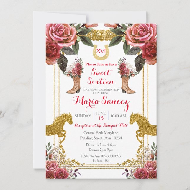 Invitación Dulce Dieciséis Caballos Rojos Maroon Charra Cumpl (Anverso)