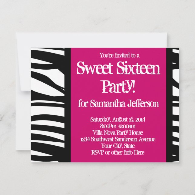 Invitación Dulce Dieciséis, Cebra Rosa Caliente (Anverso)