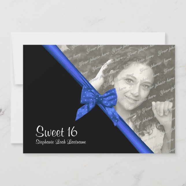 Invitación Dulce Dieciséis cebra y Blue Bow con foto (Anverso)