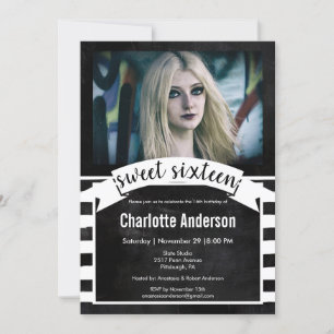 Invitación Dulce Dieciséis Chalkboard Black White Stripes Pho