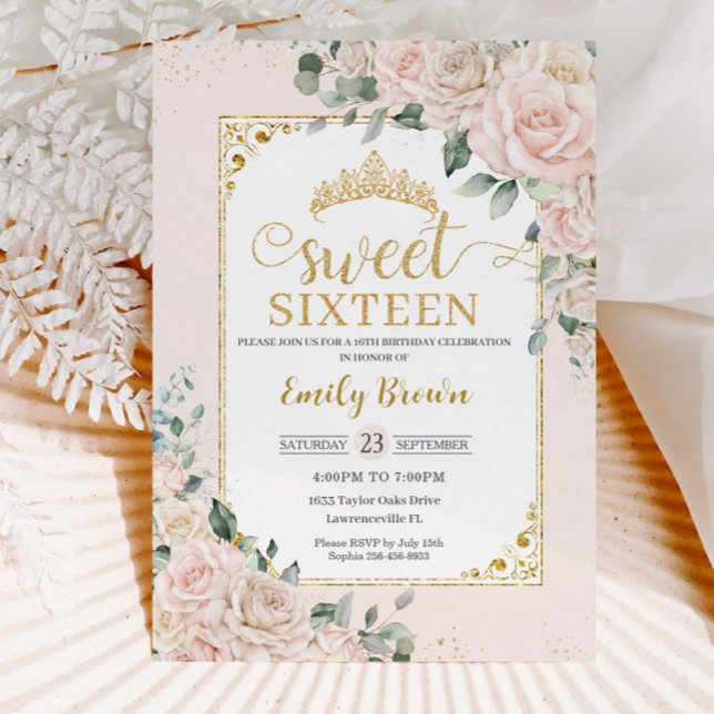 Invitación Dulce Dieciséis Champagne Rubor Floral Gold (Subido por el creador)