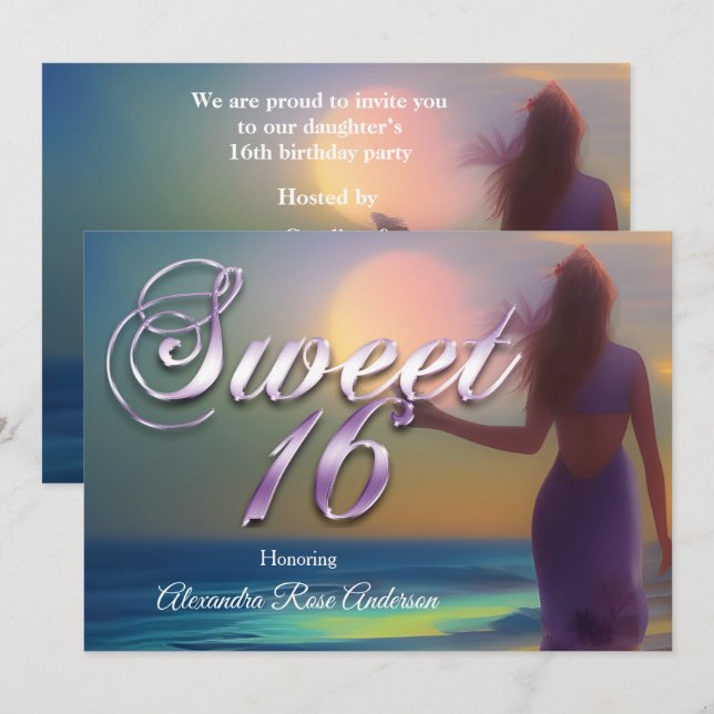 Invitación Dulce Dieciséis chica 16º Púrpura en azul del océa (Anverso / Reverso)