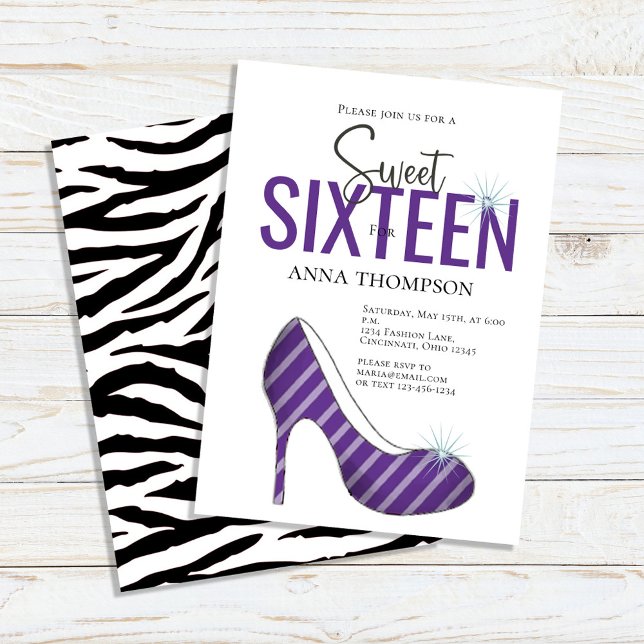 Invitación Dulce Dieciséis Chicas de Moda Fiesta de Cumpleaño (Sweet 16 custom invitations with purple-colored high-heeled shoes. )