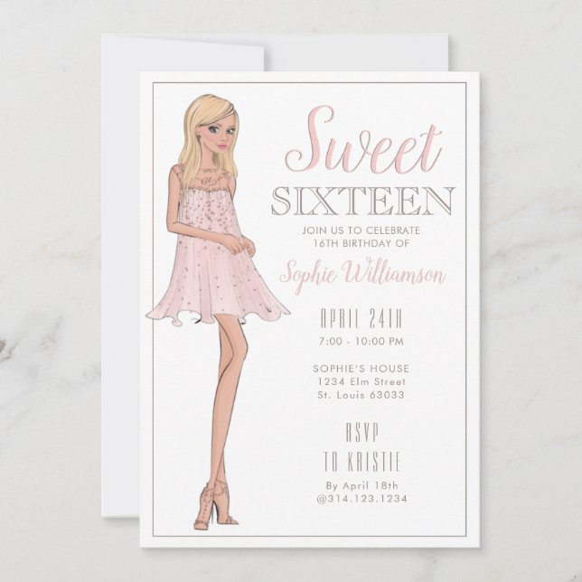 Invitación Dulce Dieciséis Chicas rubios Cumpleaños  (Anverso)