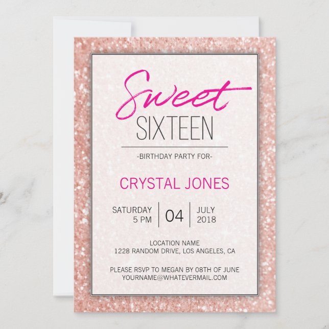 Invitación Dulce Dieciséis chispas de oro rosa (Anverso)
