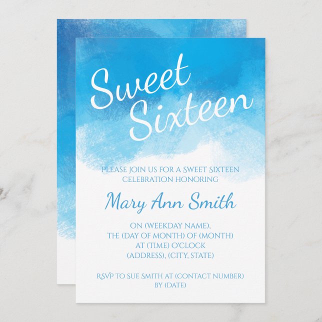 Invitación Dulce Dieciséis color azul de verano (Anverso / Reverso)