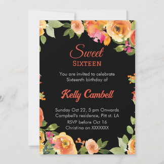 Invitación Dulce dieciséis color rosa/negro de color floral I