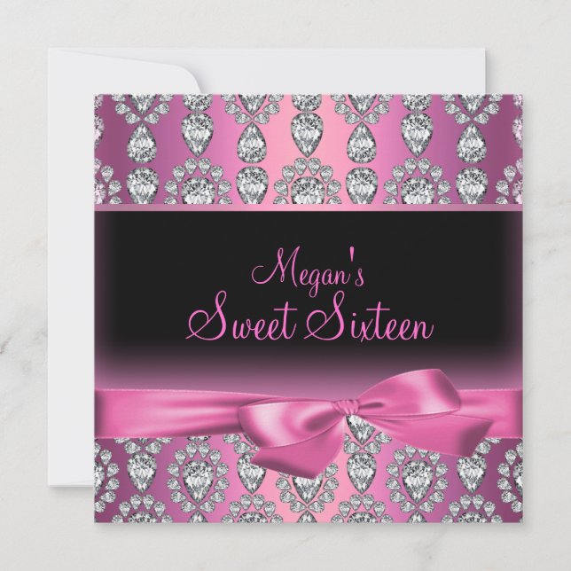 Invitación dulce dieciséis con diamante rosa y laz (Anverso)