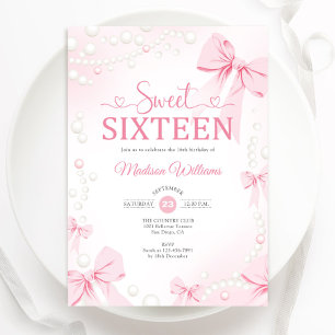 Invitación Dulce Dieciséis Coquette Pink Bows Pearls