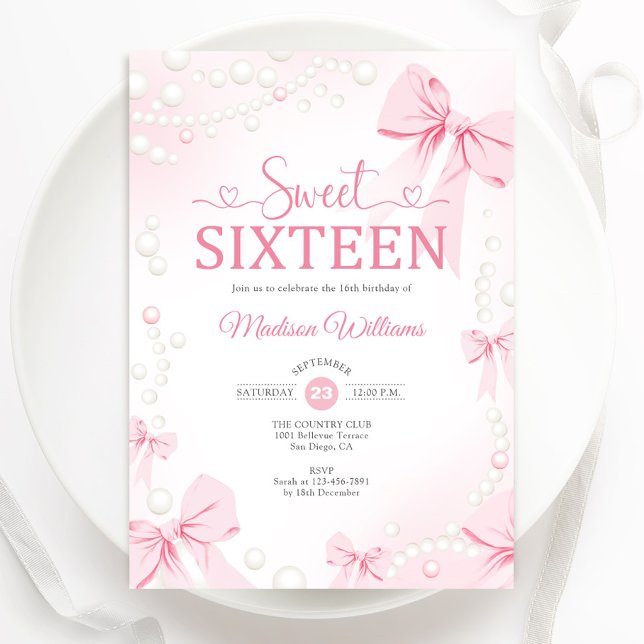 Invitación Dulce Dieciséis Coquette Pink Bows Pearls (Subido por el creador)