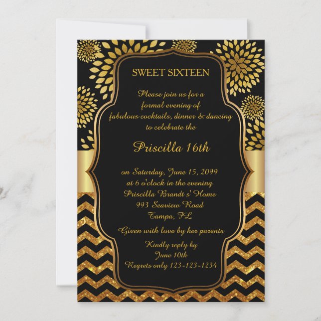 Invitación Dulce Dieciséis cumpleaños, 16, estilo Gatsby, neg (Anverso)