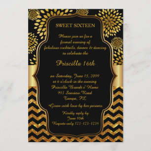 Invitación Dulce Dieciséis cumpleaños, 16, estilo Gatsby, neg