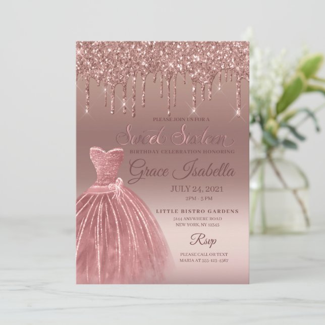 Invitación Dulce Dieciséis Cumpleaños de Rosa Gold Purpurina  (Anverso de pie)