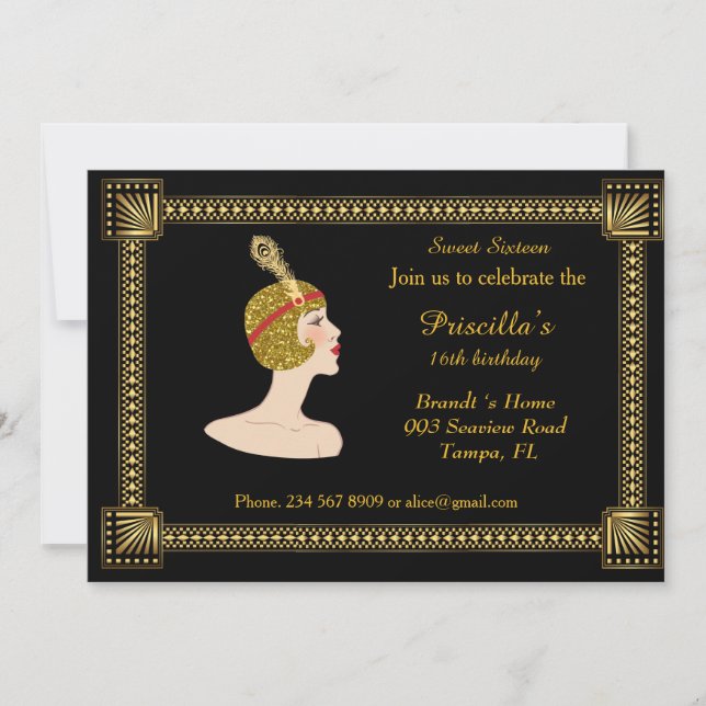 Invitación Dulce Dieciséis cumpleaños, estilo Gatsby, negro y (Anverso)