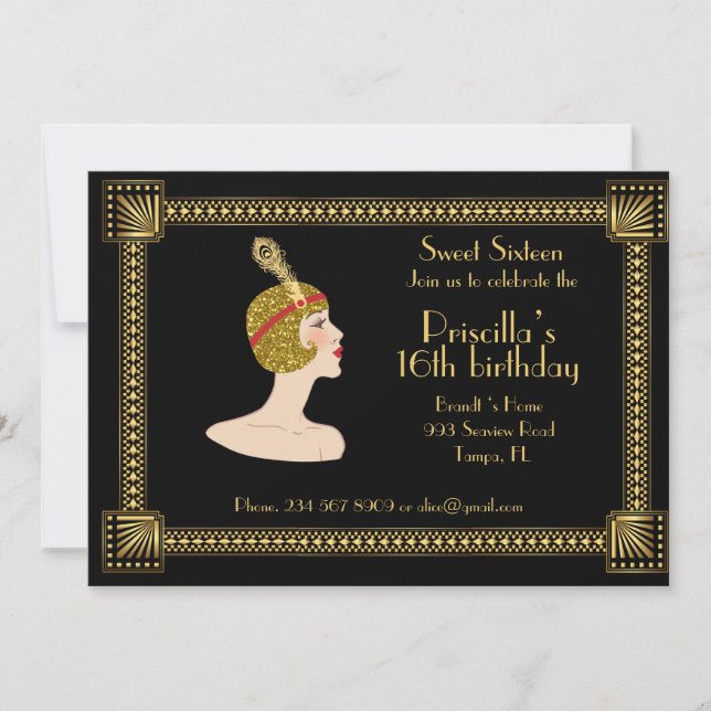Invitación Dulce Dieciséis cumpleaños, estilo Gatsby, negro y (Anverso)