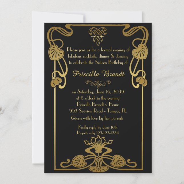 Invitación Dulce Dieciséis cumpleaños, estilo Gatsby, negro y (Anverso)