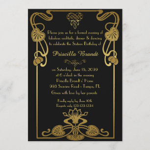 Invitación Dulce Dieciséis cumpleaños, estilo Gatsby, negro y