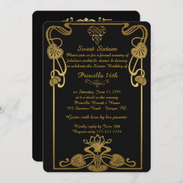 Invitación Dulce Dieciséis cumpleaños, estilo Gatsby, Oro Neg