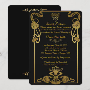 Invitación Dulce Dieciséis cumpleaños, estilo Gatsby, Oro Neg
