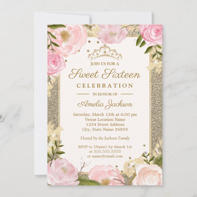 Invitación Dulce Dieciséis cumpleaños Sparkle Oro Rosa Floral (Anverso)