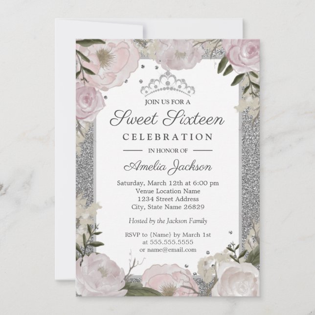 Invitación Dulce Dieciséis cumpleaños Sparkle Plata Rosa Flor (Anverso)