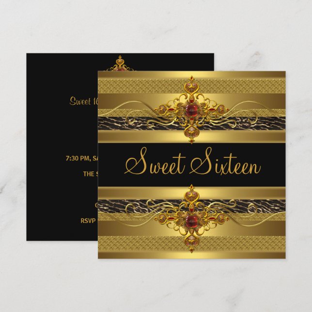 Invitación Dulce Dieciséis cumpleaños Wild Elegant Rich Gold (Anverso / Reverso)