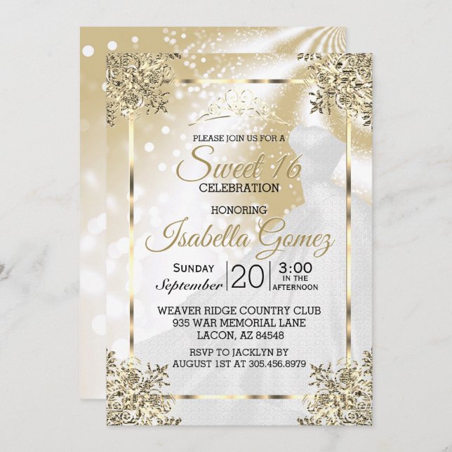 Invitación Dulce Dieciséis de Oro con traje Princesa (Anverso / Reverso)