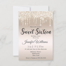 Invitación dulce dieciséis de oro goteando champagne purpurin